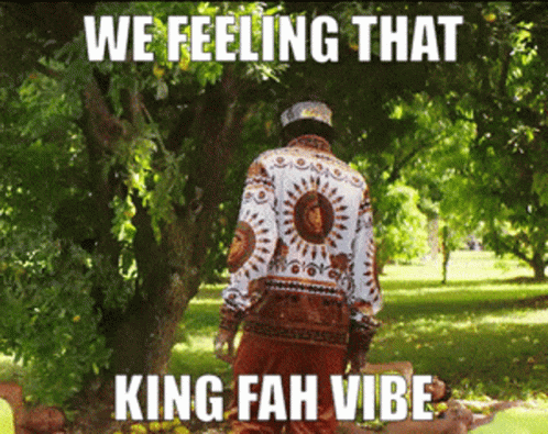 A Picture Of A Man Standing Under A Tree With A Caption That Says " We Feeling That King Fah Vibe " GIF