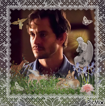 A Picture Of A Man Surrounded By Animals And Flowers Has The Word Picmix On The Bottom GIF