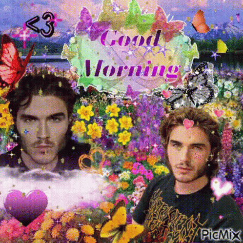 A Picture Of A Man Surrounded By Butterflies And Flowers With The Words Good Morning GIF