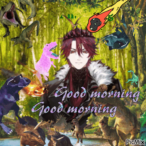 A Picture Of A Man Surrounded By Dinosaurs With The Words Good Morning GIF