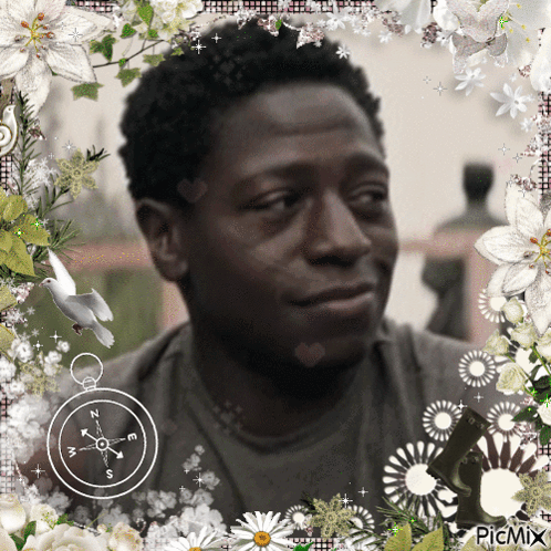 A Picture Of A Man Surrounded By Flowers And A Compass With The Letters N S And M On It GIF
