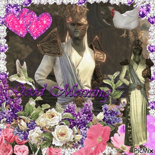 a picture of a man surrounded by flowers with the words good morning on it