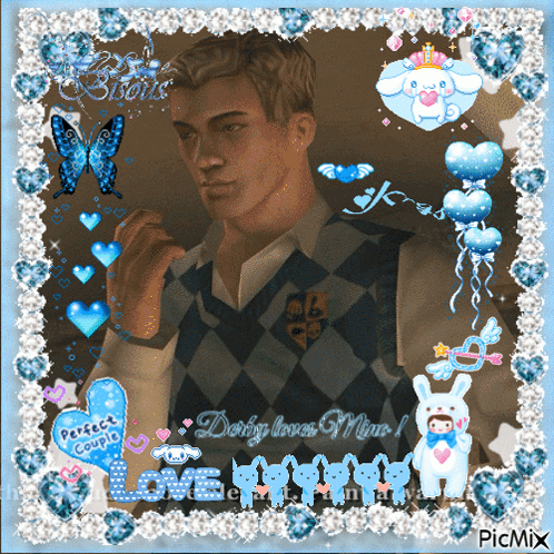 A Picture Of A Man Surrounded By Hearts And Butterflies With A Caption That Says Dirty Loves Mine GIF