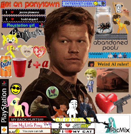 A Picture Of A Man Surrounded By Pictures Including One That Says Abandoned Pools On It GIF