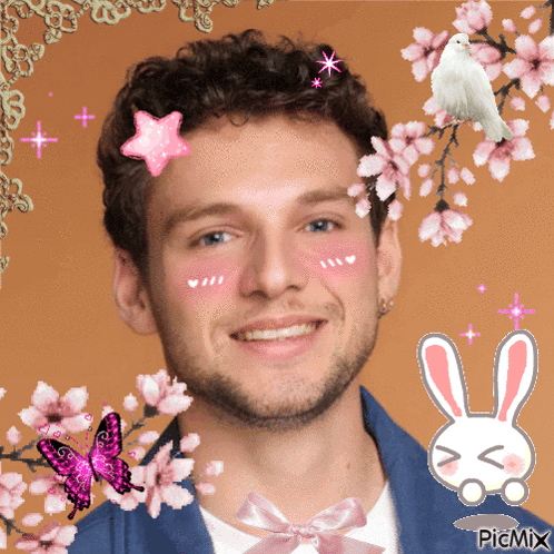 Man Surrounded By Pink Flowers And Bunny Picmix GIF
