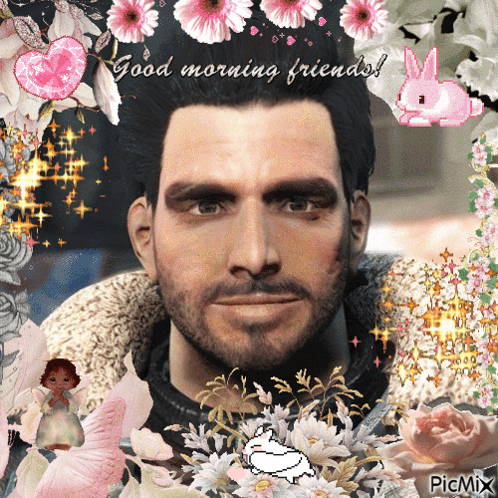 A Picture Of A Man Surrounded By Pink Flowers With The Words Good Morning Friends GIF