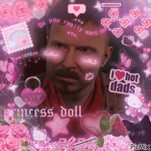 A Picture Of A Man Surrounded By Pink Hearts And Butterflies With The Words " Do You Really Want Me " Written On His Fac GIF