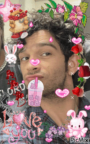 A Picture Of A Man Surrounded By Pink Hearts And Flowers With The Words Love You On The Bottom Right GIF