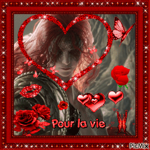 a picture of a man surrounded by red hearts with the words pour la vie on the bottom