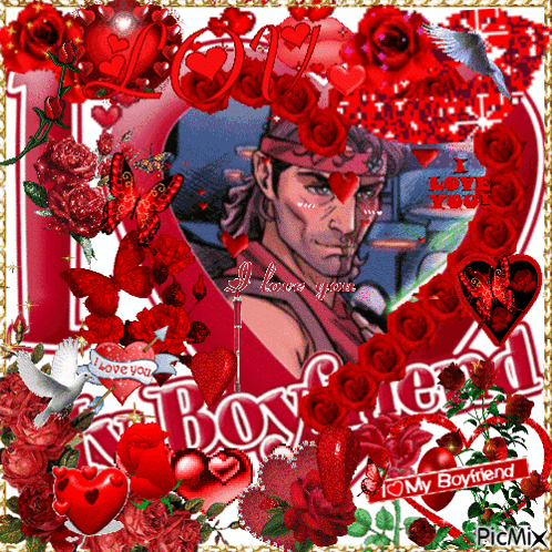 A Picture Of A Man Surrounded By Red Roses And Hearts With The Words I Love You GIF