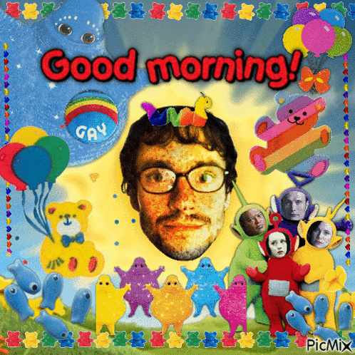 A Picture Of A Man Surrounded By Stuffed Animals And Balloons Says Good Morning GIF