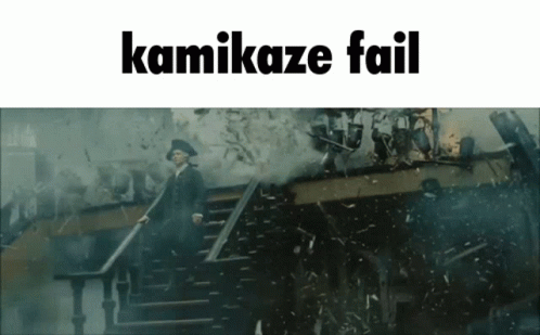 A Picture Of A Man Walking Down Stairs With The Words Kamikaze Fail Above Him GIF