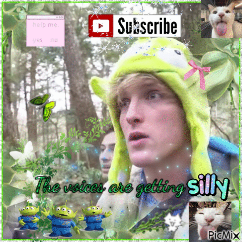 A Picture Of A Man Wearing A Green Hat With The Words " The Voices Are Getting Silly " GIF