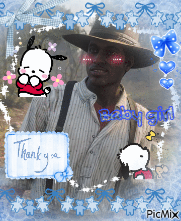 A Picture Of A Man Wearing A Hat And Suspenders With A Thank You Message GIF