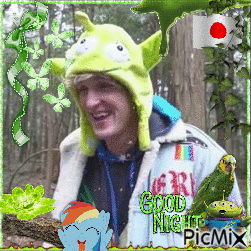 A Picture Of A Man Wearing A Hat That Says ' Good Night Picmix ' On It GIF