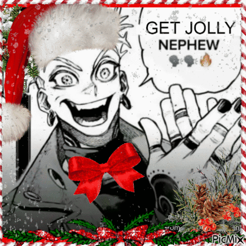 A Picture Of A Man Wearing A Santa Hat With The Words Get Jolly Nephew GIF