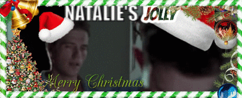A Picture Of A Man Wearing A Santa Hat With The Words Natalie 'S Jolly Merry Christmas On It GIF