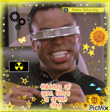 a picture of a man wearing futuristic glasses with the words thinking of you have a great day