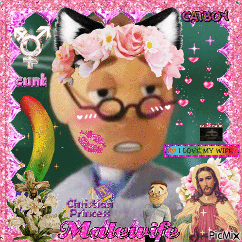 A Picture Of A Man Wearing Glasses And A Flower Crown With The Words Malewife On It GIF
