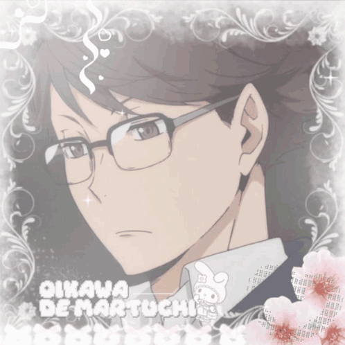 A Picture Of A Man Wearing Glasses And The Name Oikawa Demartuchi GIF