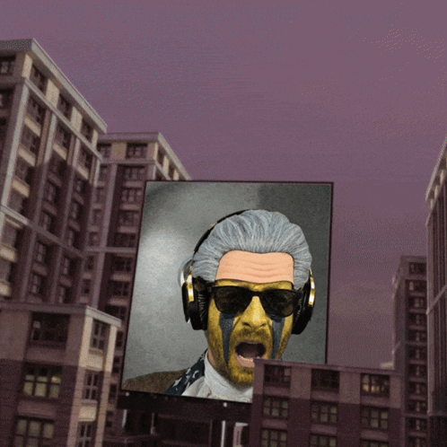 A Picture Of A Man Wearing Headphones And Sunglasses With A Purple Sky In The Background GIF