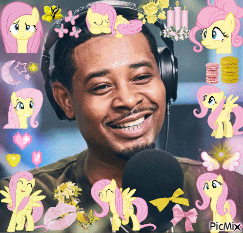 A Picture Of A Man Wearing Headphones And Surrounded By Pink Ponies With The Words Picmix At The Bottom GIF