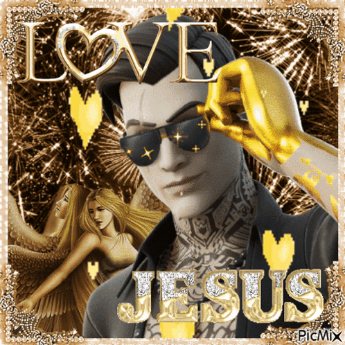 A Picture Of A Man Wearing Sunglasses With The Word Jesus On It GIF