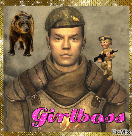 A Picture Of A Man With A Bear And The Words Girlboss GIF