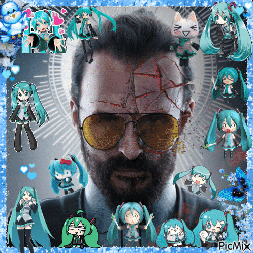 A Picture Of A Man With A Beard And Hatsune Miku On His Face GIF