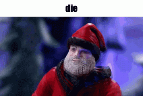 A Picture Of A Man With A Beard Wearing A Santa Hat With The Word Die Below It GIF