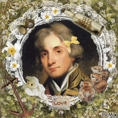 a picture of a man with a bow in his hair is surrounded by flowers and a bottle that says " love "