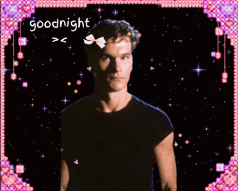 a picture of a man with a bow on his head and the words goodnight written above him