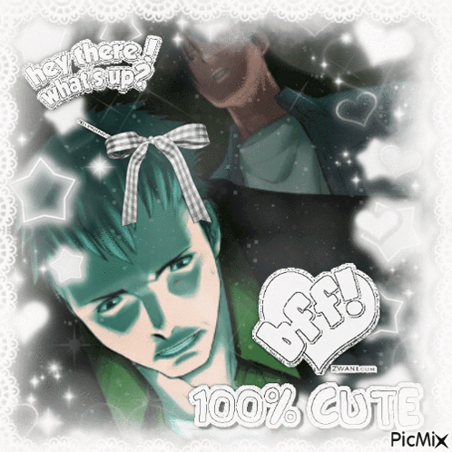 A Picture Of A Man With A Bow On His Head And The Words Hey There What 'S Up 100 % Cute GIF