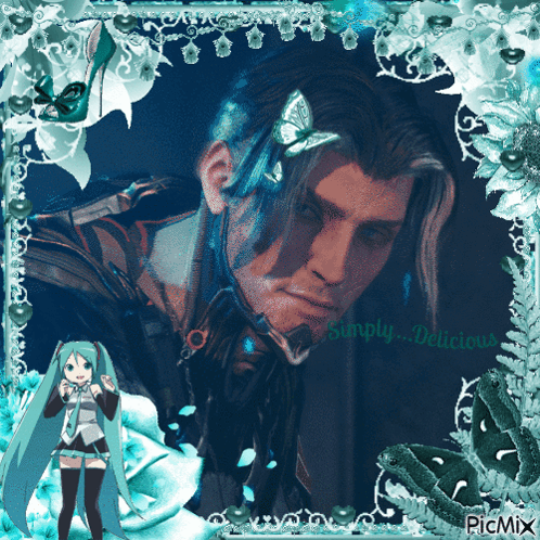 A Picture Of A Man With A Butterfly In His Hair Is Surrounded By Flowers And Says Simply Delicious GIF