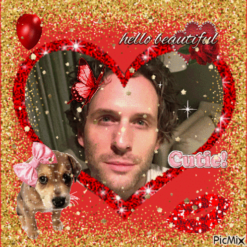 A Picture Of A Man With A Butterfly On His Head Is Surrounded By A Heart And Says Hello Beautiful Cutie GIF