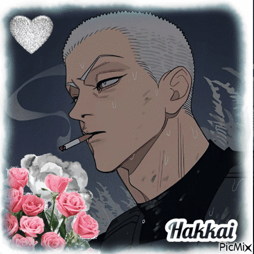A Picture Of A Man With A Cigarette In His Mouth And The Name Hakkai GIF