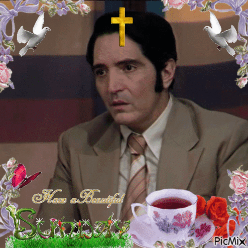 A Picture Of A Man With A Cross On His Head And The Words " Have A Beautiful Day " GIF