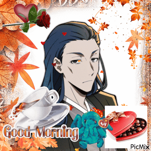A Picture Of A Man With A Cup Of Coffee And A Box Of Chocolates Says Good Morning GIF