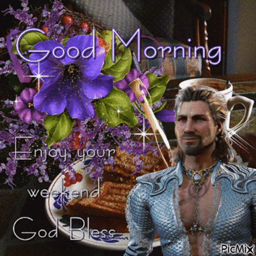 Man With Coffee And Flowers Saying Good Morning GIF