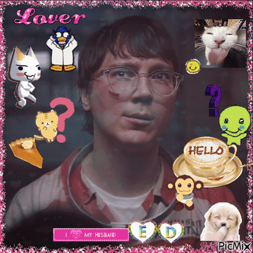 A Picture Of A Man With A Cup Of Coffee That Says Hello On It GIF