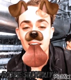 A Picture Of A Man With A Dog Mask On His Face With The Caption Robbie Silly Willy GIF