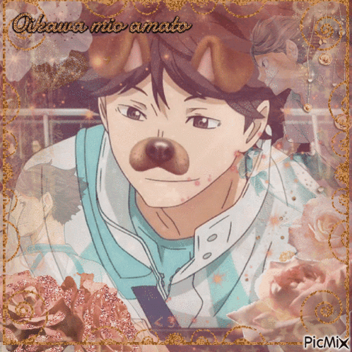 A Picture Of A Man With A Dog 'S Nose And The Words Oikawa Mio Amato On The Bottom GIF