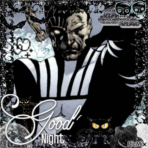 A Picture Of A Man With A Gun And The Words Good Night On It GIF