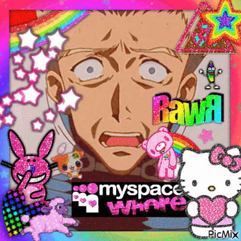 A Picture Of A Man With A Hello Kitty And A Rainbow Behind Him With The Words Myspace Where GIF
