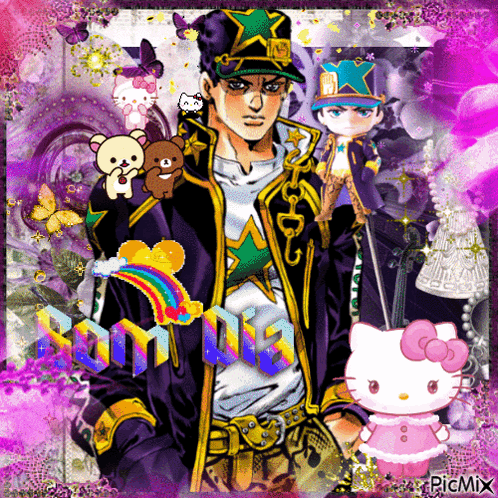 A Picture Of A Man With A Hello Kitty And A Rainbow GIF