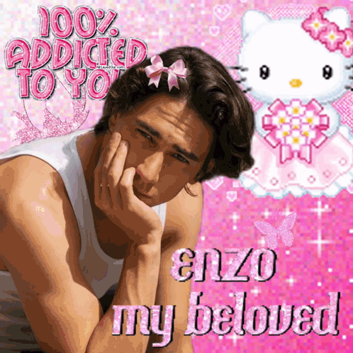 A Picture Of A Man With A Hello Kitty And The Words " 100 % Addicted To You " GIF
