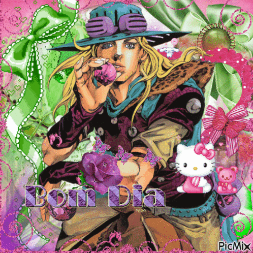 A Picture Of A Man With A Hello Kitty And The Words Bom Dia On The Bottom GIF