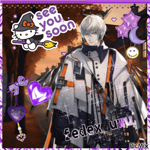 A Picture Of A Man With A Hello Kitty Sticker And The Words " See You Soon " GIF