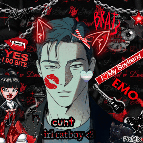 A Picture Of A Man With A Kiss On His Face And The Words " Cunt In Catboy " On The Bottom GIF