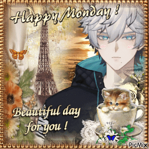 A Picture Of A Man With A Kitten In A Cup That Says Happy Monday GIF